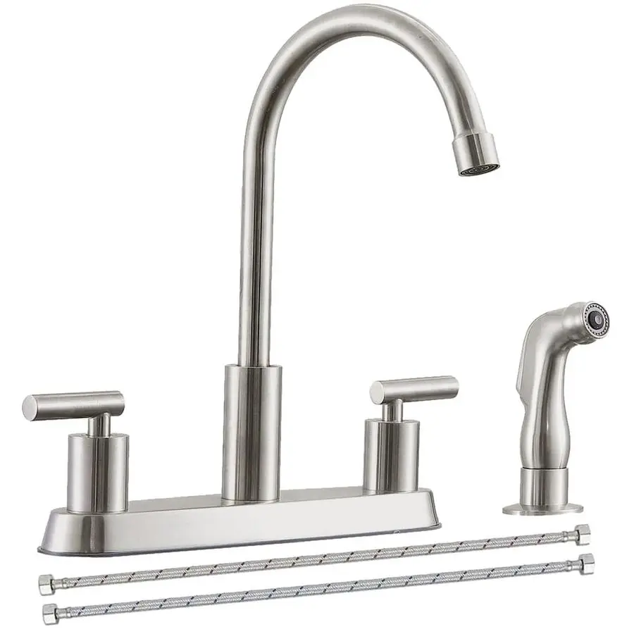 

Stylish 4 Hole Kitchen Faucet, High Arc Brushed Nickel Faucet with 2 Handle, Side Sprayer, 8 inch Standard Deck Mounted Design,