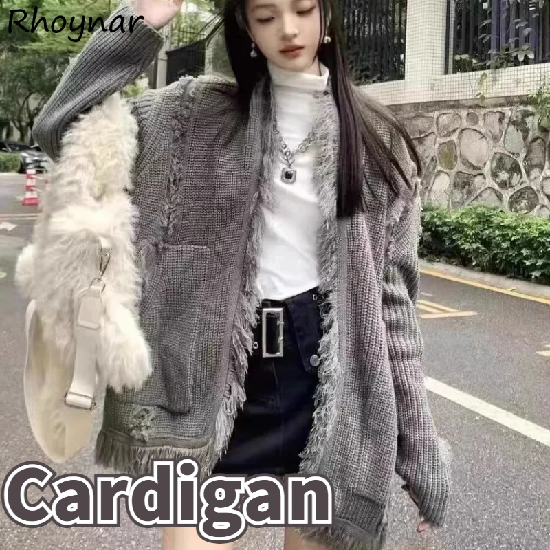 

Vintage Cardigan Women Knitted Tassel Aesthetic Solid Streetwear Harajuku Autumn Lady Design Baggy Clothing Lazy Style Daily New