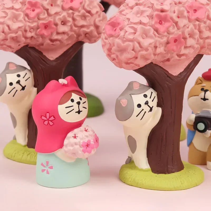 Lovely Sakura Blossom Resin Miniature Spring Day Scene Decoration Crafts Kawaii Cat with Schoolbag Pink Cherry Bookshelf Decro