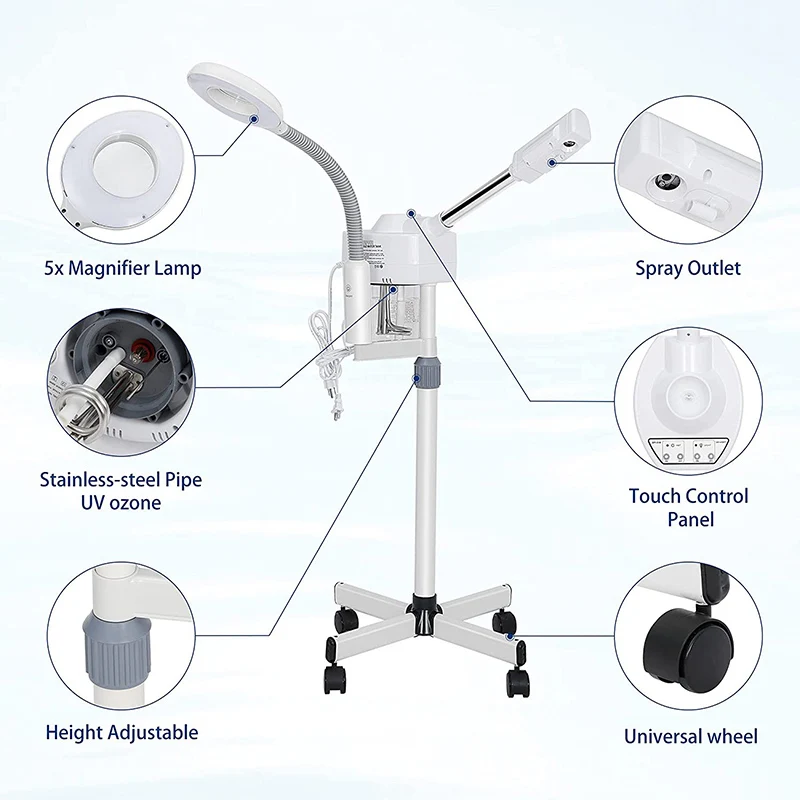 2 In 1 Multifunctional สเปรย์เครื่องอบไอน้ำสำหรับผิวหน้าโอโซนอุปกรณ์ความงามแว่นขยาย LED Light Whitening Moisturizing Hydrating Skin