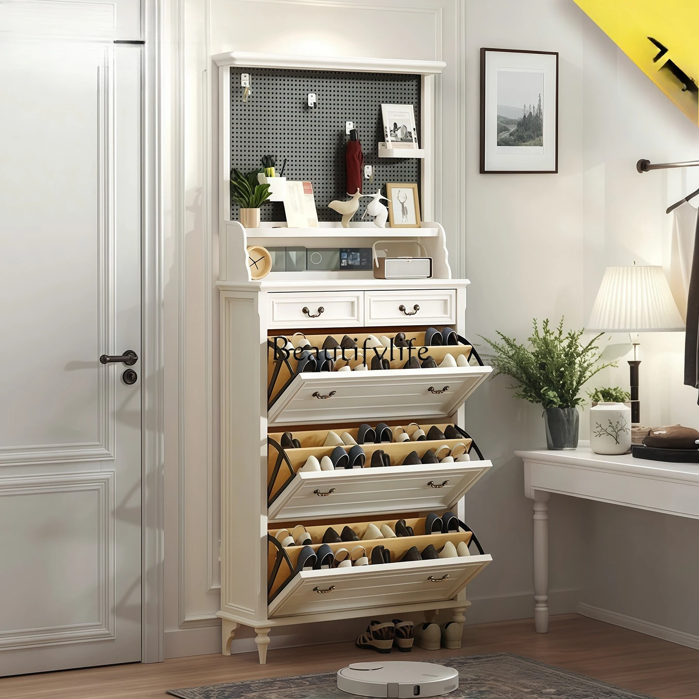 

Pure solid wood American cream wind ultra-thin home hole board shoe rack integrated