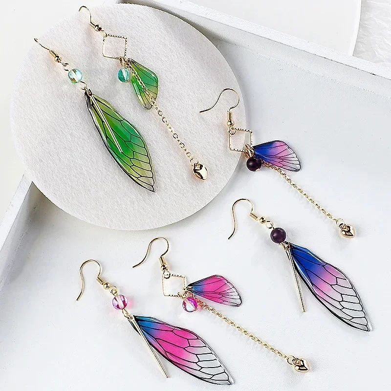Random Send 3 Pair Temperament Fairy Long Earrings Butterfly Wings Dreamy Gradient Color Asymmetric Drop Earrings Bridal Jewelry