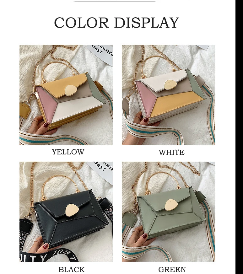 Contrast Color Square Flap Women Handbag Wide Strap Patchwork PU Leather Fashion Tote Lady Messenger Hasp Chain Crossbody Bag