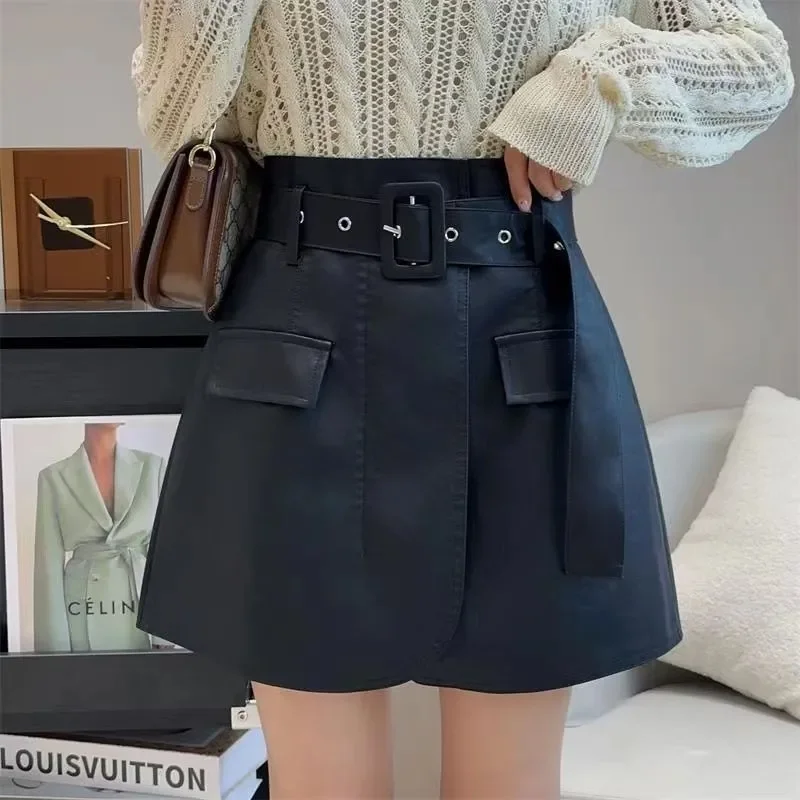 

High-waisted PU Leather Women's Autumn and Winter A-line Slimming Versatile Hip-covering Skirt Korean Version