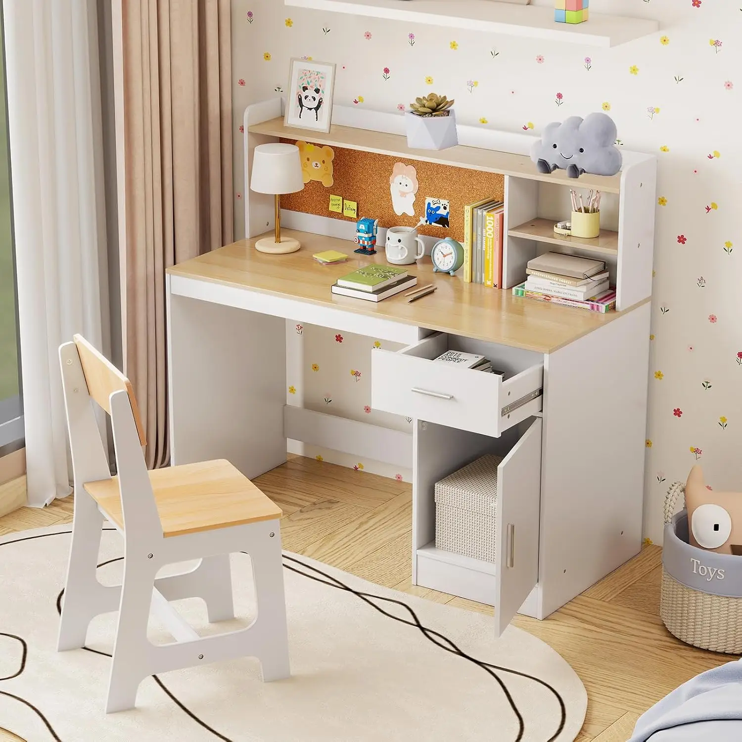 Kids Study Desk & Chair Set Wooden Table w/Drawer Hutch Storage Shelves Student Writing Workstation Bedroom 3+ Years, Customized view 2