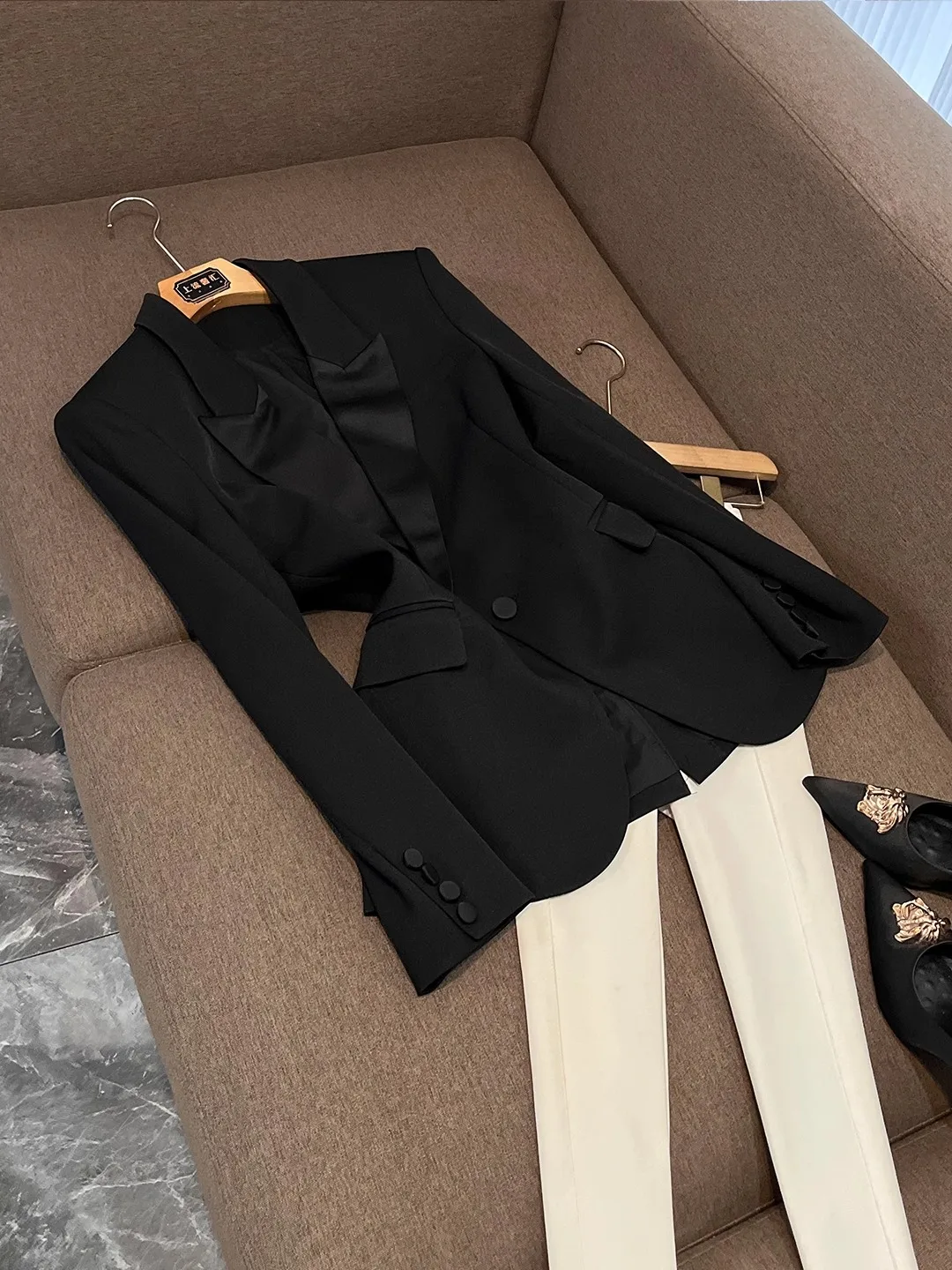 

Ele One-Button Notch Lapel Suit Jaet Commute Sle Loose Fit oulder Straight Long Mid-Length Satin Patchwork Coat
