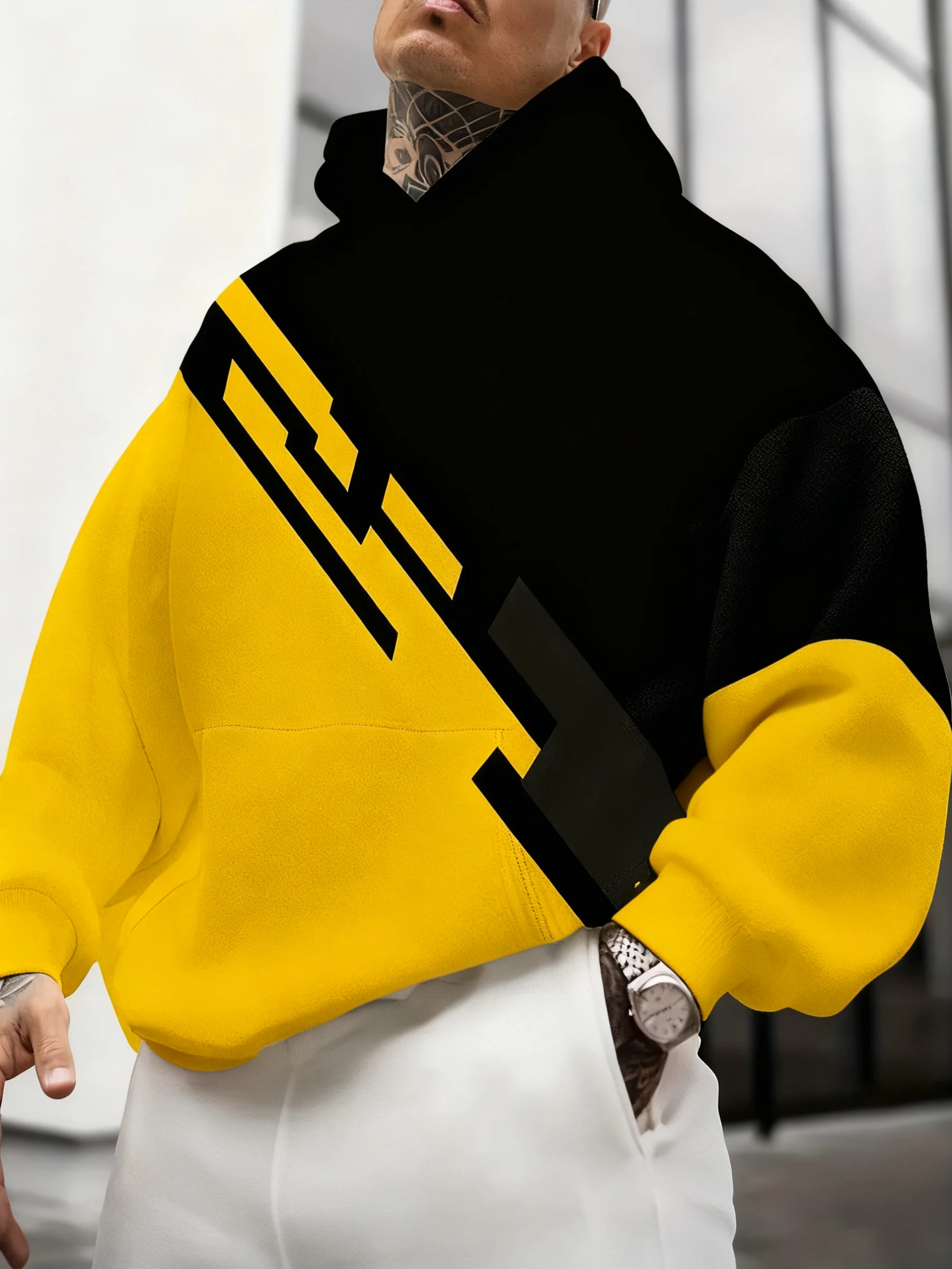 

Мужская толстовка с капюшоном в контрастную черно-желтую полоску с геометрическим 3D принтом, осенне-зимняя модная толстовка с капюшоном, стильный выбор, удобная одежда