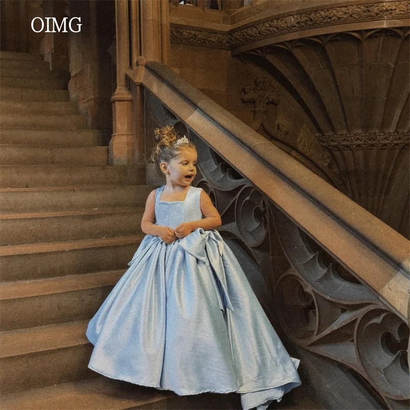 

OIMG принцесса небесно-голубой бант трапециевидной формы платья с цветочным узором для девочек квадратный вырез свадебное платье длиной до пола платье на день рождения по индивидуальному заказу