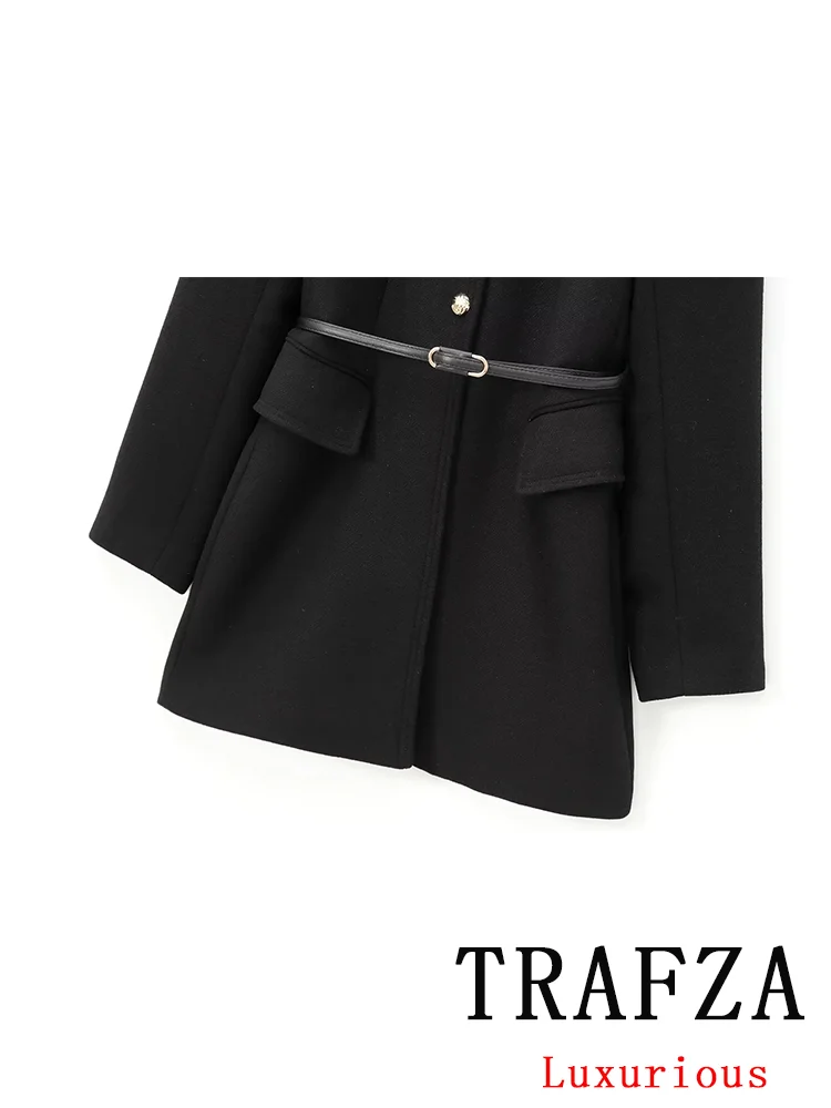 TRAFZA Vintage Chic Women Jackets Solid O-Neck Button Sashes Long Sleeve Coats New Fashion 2024 Autumn Winter Jacket Outwear