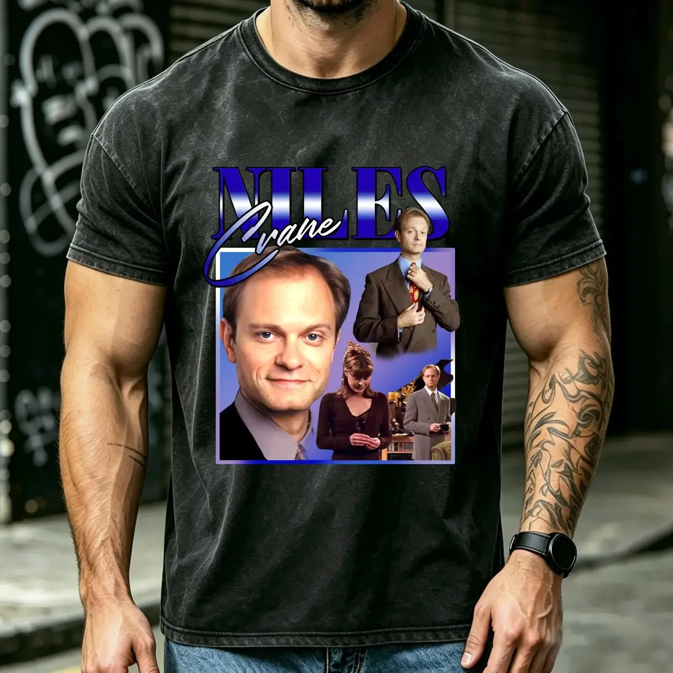 washed T Shirt NILES CRANE Homage For Frasier Fans Preppy Funny Comedy long sleeves vintage Washed homme Soft Casual Stretched