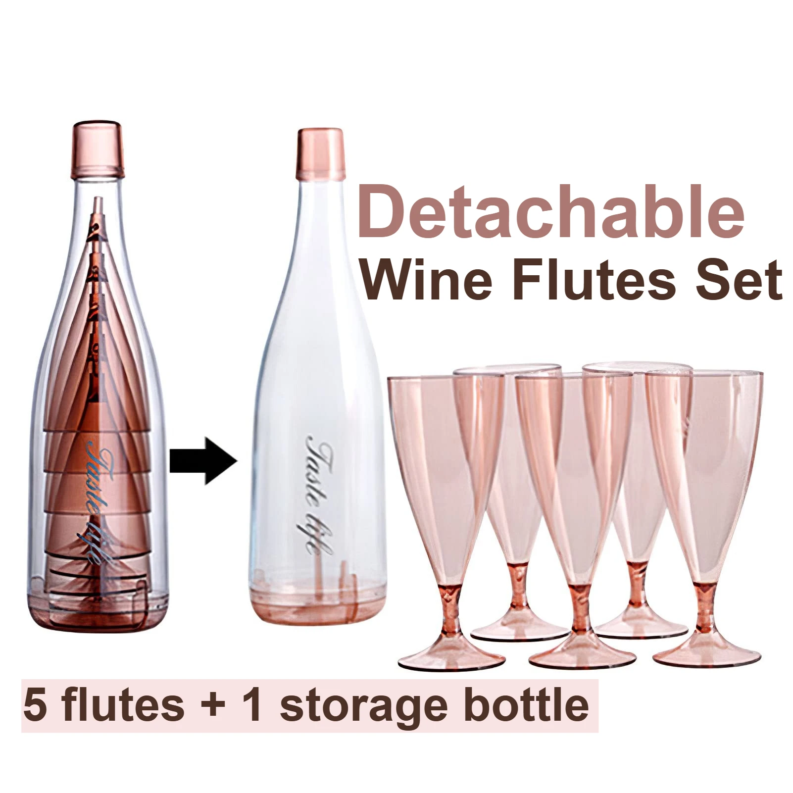 

Pink/Blue/Green Plastic Champagne Flutes Set, Including 5 Detachable Travel Cocktail Glasses and 1 Storage Bottle for Picnic