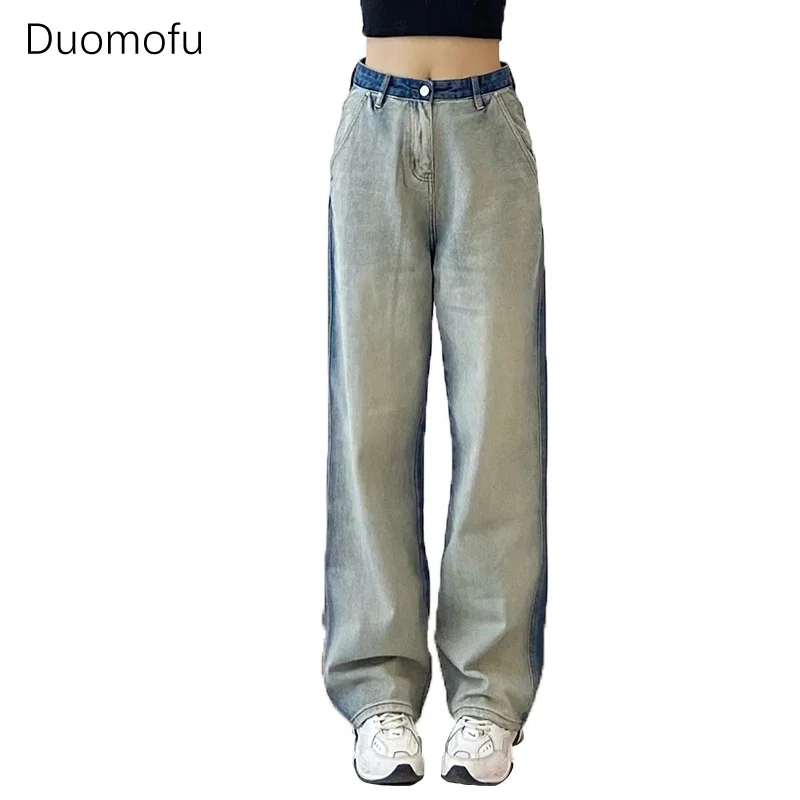 Duomofu 대비 색 클래식 높은 허리 슬림 여성 청바지 여름 패션 전체 길이 느슨한 스트레이트 스트리트 캐주얼 여성 청바지