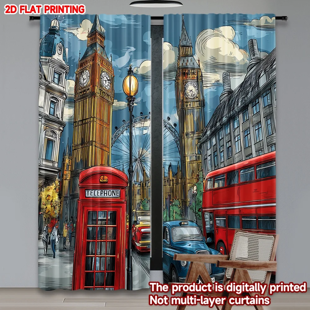 

2D flat printing 2pcs Happy Valentine's Day Window Curtains Spring and Summer City Streetscape Digital Printed Polyester Drapes