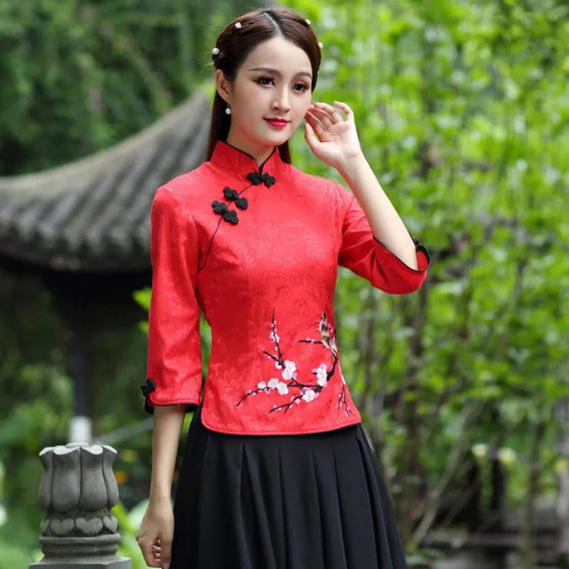 S-5XL haftowany Cheongsam Top kobiety przylegająca elegancka tradycyjne chińskie ubrania chiny koszule Vintage strój Tang bluzka w stylu etnicznym