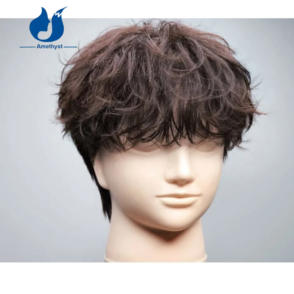 

Amethyst Dark Brown Natural Wave Human Hair Wig for Men Short Pixie Cut Pre Styled Full Lace Wig with Sideburns Remy Hair