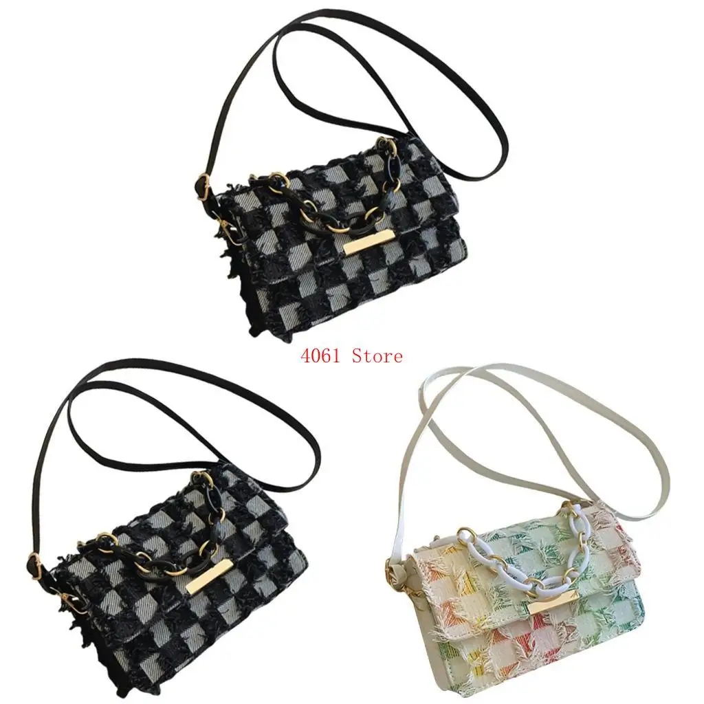 

Elegant Denims Tassels Handbag with Chain Handle for Women Adjustable Strap Checkered Jeans Crossbody Shoulder Bag Purse