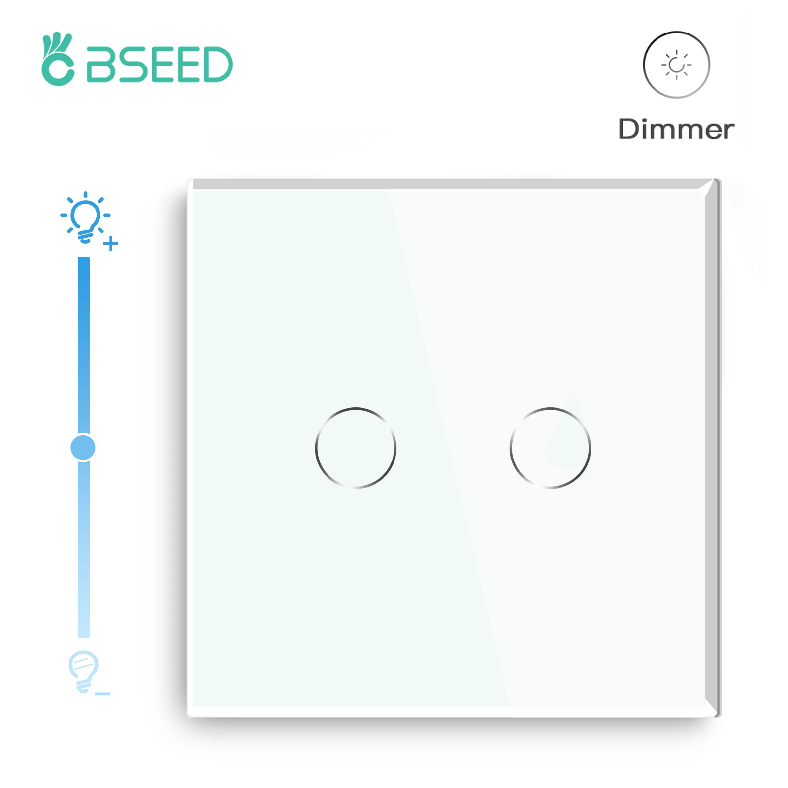 BSEED 2gang 1Way Wall Touch Switch Led Dimmer Switches For Dimmable Lights Tempered Glass Sensor Panel Blue Backlight 10A