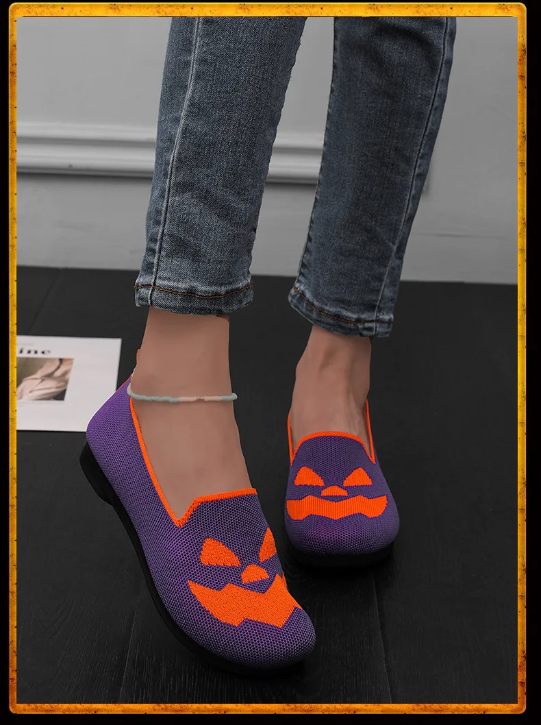 Damen-Halloween-Kürbisgesicht-Strickflachschuhe, atmungsaktive einteilige Slipper, leichte Freizeit-Party-Schuhe – Detail 9