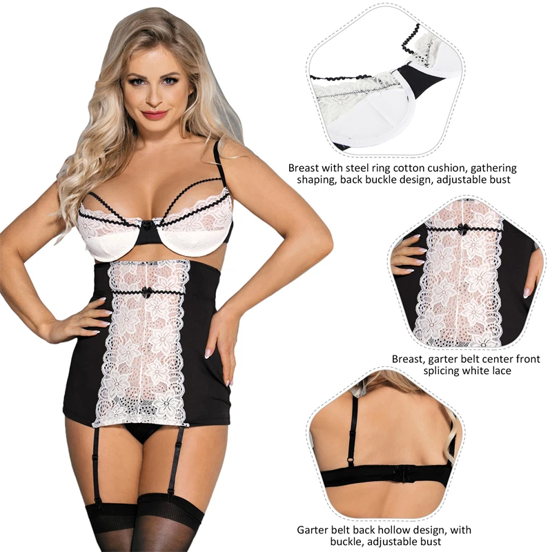 Ohyeahlady Sexy Maid Outfit Garter Lingerie Sets Mini Nightgowns Roleplay Uniform Plus Size Mesh 3Pcs Bra Skirt Curve Underwear