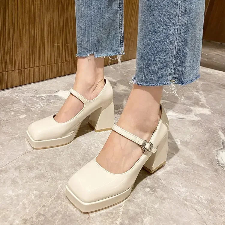 Women's 2024 Platform Pumps Square Toe Thick Heels Women's Patent High Heels Party Shoes Square Toe Square Heel