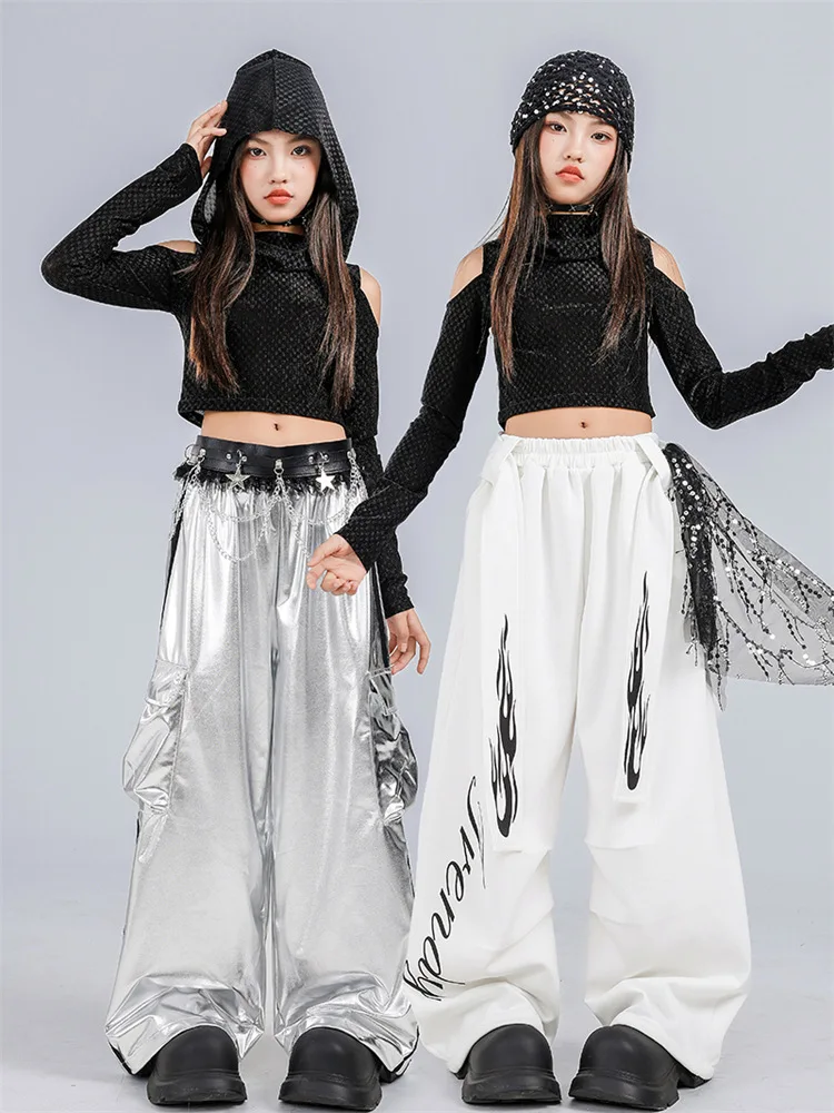 Ropa informal estilo Hip Hop para niñas, baile Kpop, Top negro con capucha, pantalones Cargo, conjunto de ropa de traje de baile de Jazz para niños
