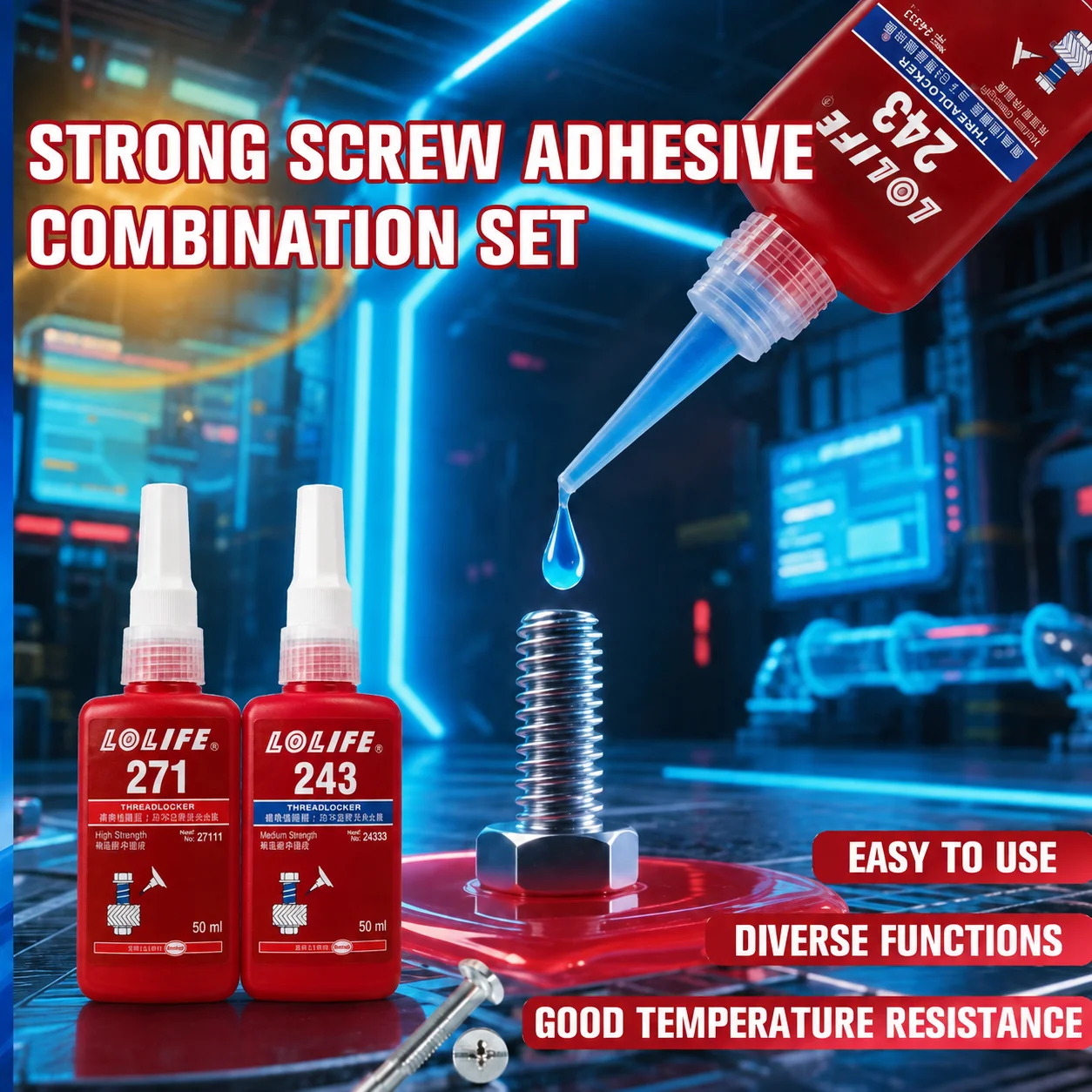 243 271 Threadlocker Anaerobic Adhesive Screw Lock Glue Medium High Strength Metal Thread Sealant Anti‑Loose Oil Resistant
