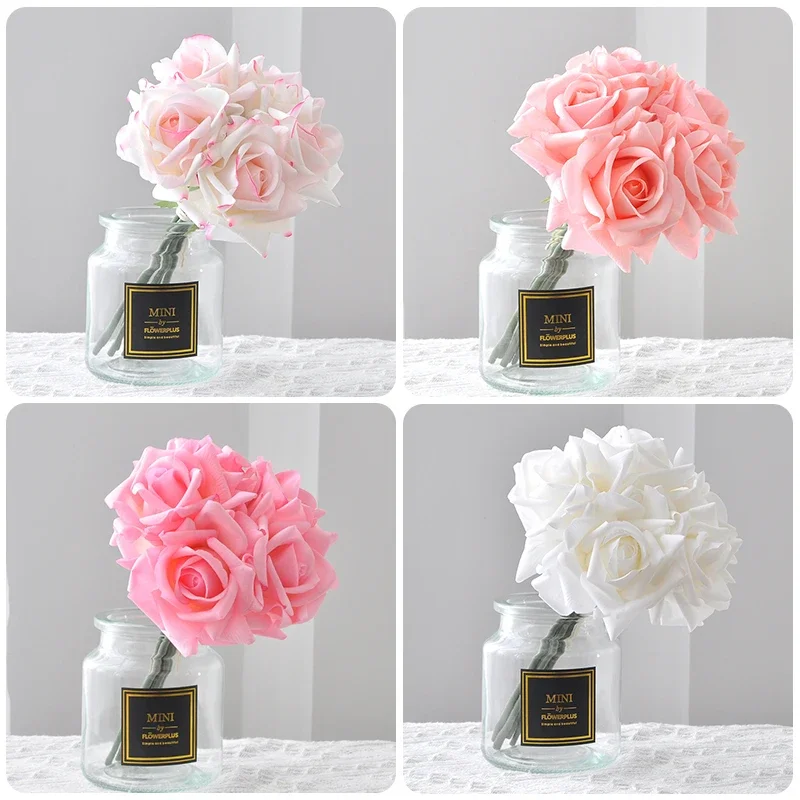 5PCS Real Touch Curled Edge Rose Bouquet Artificial Flowers Wedding Bridal Bouquet Party Festival Home Decor Fake Flowers