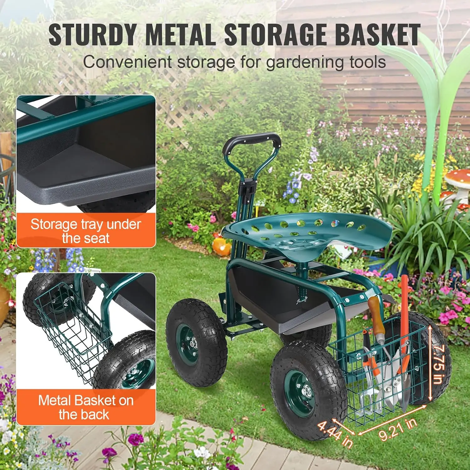 Garden Cart Rolling Workseat with Wheels, Gardening Stool for Planting, 360 Degree Swivel Seat, Wagon Scooter with Steering Handle & Utility Tool Tray, Use for Patio, Yard, and Outdoors, Green | 360 Swivel Garden Chair, Wagon Scooter with Steering Handle view 5