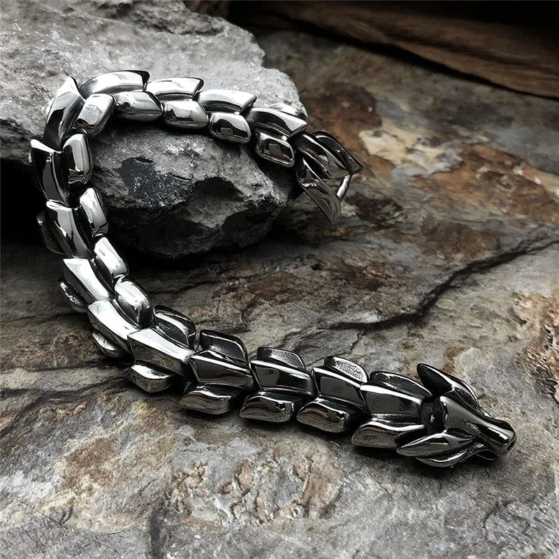 Vintage Mighty Dragon Skeleton Bracelet for Men Fashion Punk Keel Chain Bracelet Silver Color Viking Jewelry Gifts