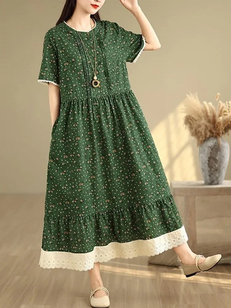 Manga curta oversized algodão linho vintage floral novo em vestidos para mulheres casual solto longo vestido de verão roupas elegantes 2025