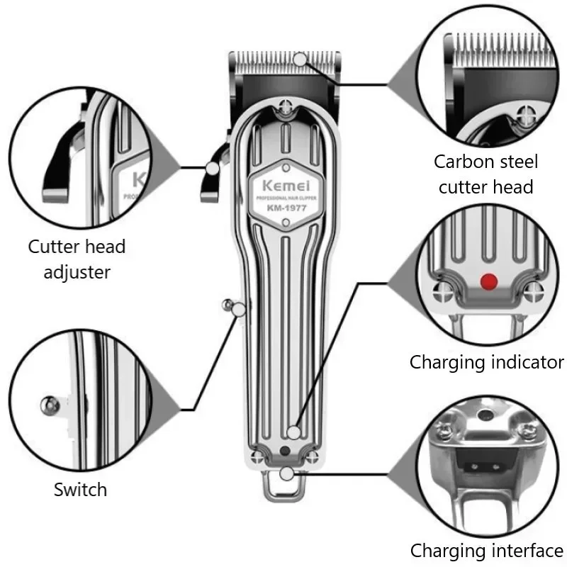 Niestandardowa konstrukcja High Speed Motor Working Kemei Hair Clipper KM-1977 Elektryczna maszynka do strzyżenia włosów z akumulatorem Metalowa maszynka do strzyżenia włosów fryzjerskich