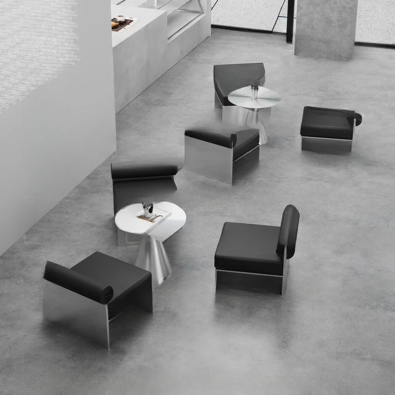 Cafe stainless steel leisure single sofa chair industrial style bar clear bar lounge area milk tea shop tables and chairs