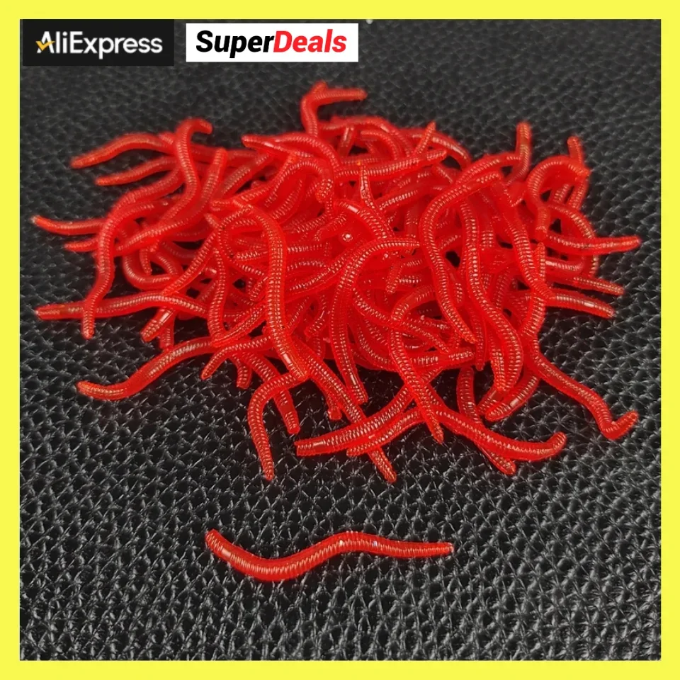 100pcs PVC Soft Lures Earthworm Lifelike Red Worm Fishing Silicone Fishy Shrimp Worm Fishy Smell Artificial Fishing Lures 3.5cm