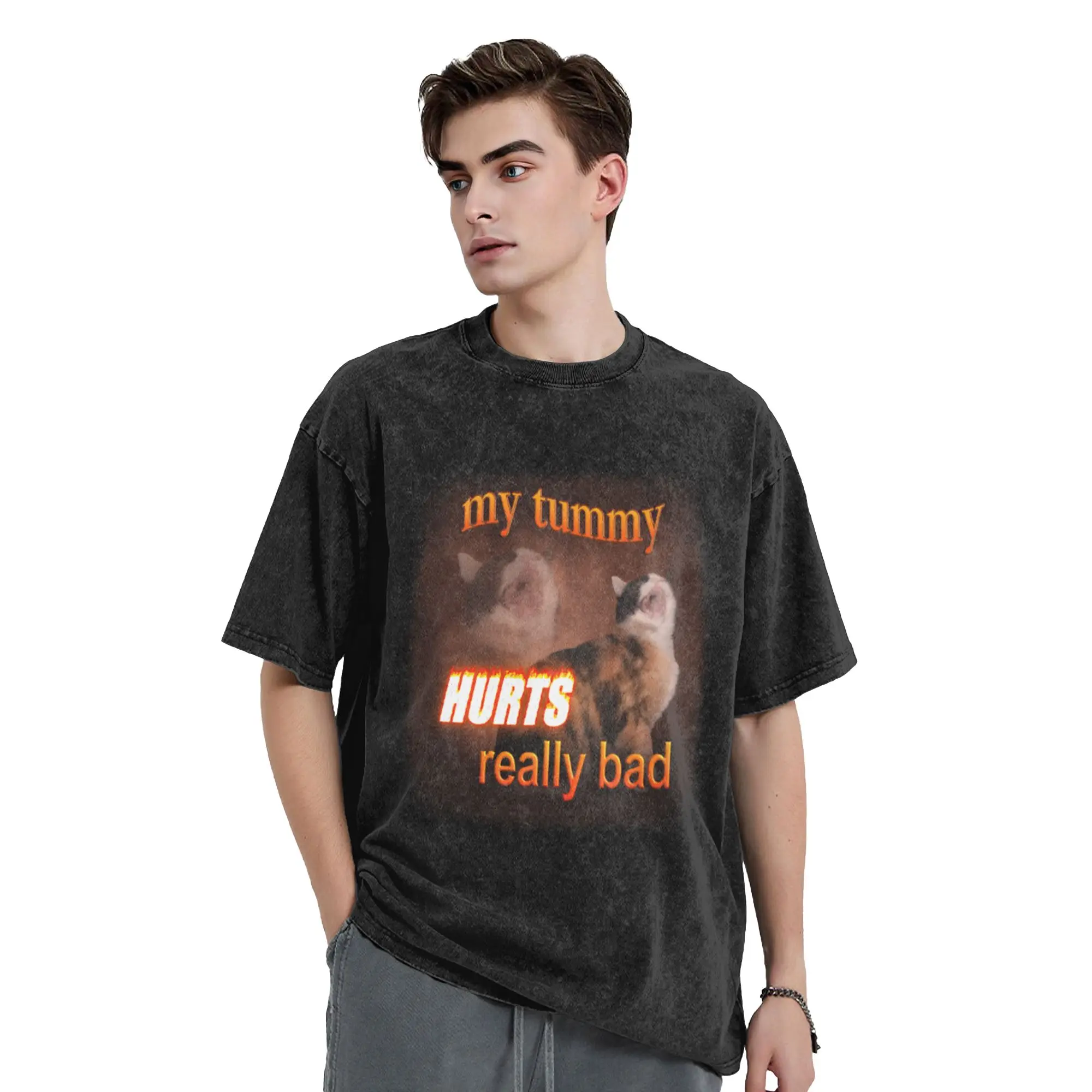My Tummy Hurts Really Bad - Cat word art Classic Stylish A Vintage Oversized Cotton Unisex T-Shirts