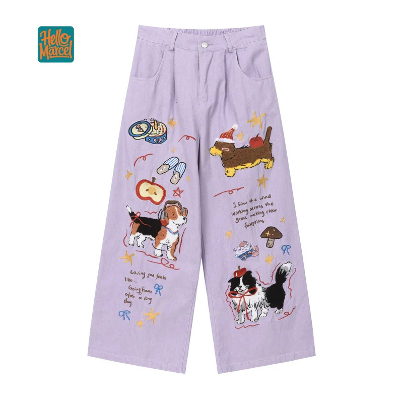HELLOMARCEL EU US Size Luxury Quality Casual Pants Retro Style With Fun Embroidery Light Purple Jeans Trousers For Men Women