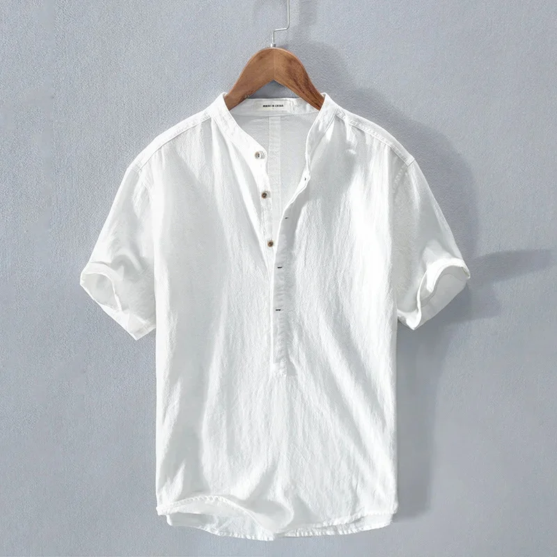 Camisa de linho manga curta masculina, decote em v, branco, azul, branco, azul, casual de férias, outdoor street, havaiano, primavera, verão