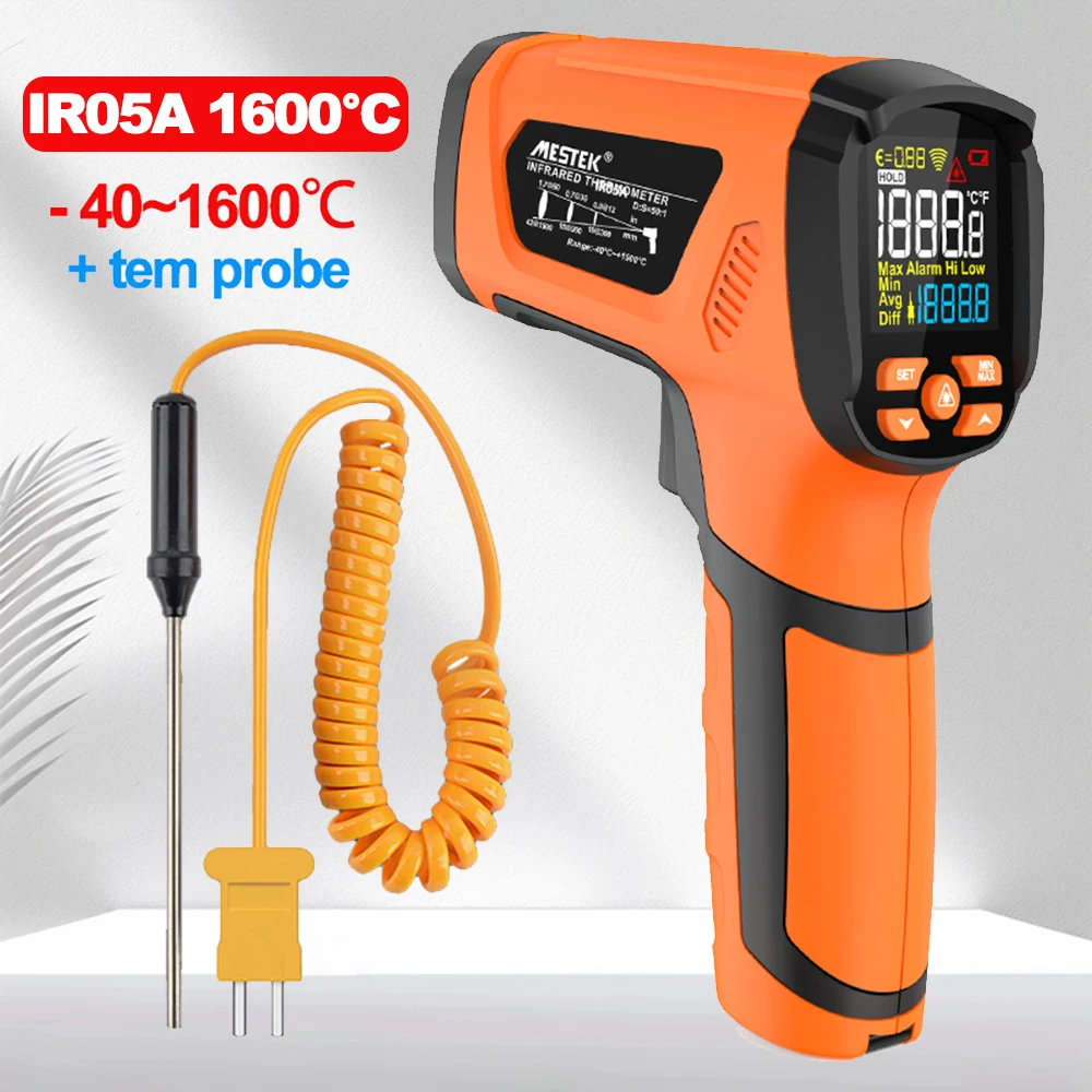 Non-contact Digital Infrared Thermometer -40°C~1600°C High Temperature Meter with K-type Probe Laser Pyrometer Adjust Emissivity