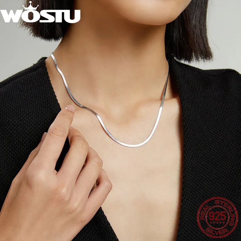 WOSTU 925 Sterling Silver Basic Flat Snake Chain Necklace For Women S925 Collar Chain Links Minimalist Jewelry Gift