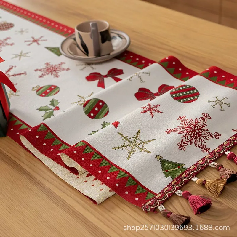 Chenille Weihnachts-Tischläufer mit Quasten, Verdickter Stoff mit Weihnachtsbaum-Motiv, für Esszimmer, Party, Festival, Neujahrsdekoration