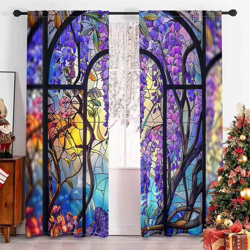 2 Piece Romantic Abstract Wisteria Flower Curtain Red Green Blue Glass Wine Glass Color Living Room Bedroom Decorative Curtain