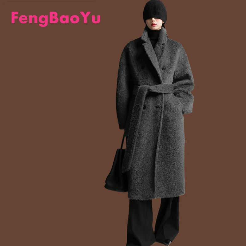 Alpaca Women's Coat Autumn and Winter Black Temperament Elegant and Noble Long Loose Coat Outdoor Warm Luxury Women's Wear