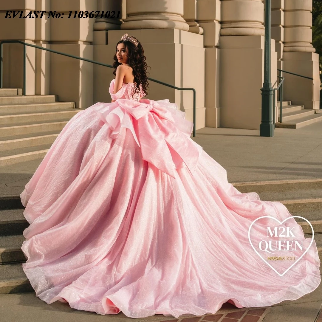 EVLAST Customized Pink Ball Gown Quinceanera Dress Applique Beaded Crystals Bow Mexico Corset Sweet 16 Vestidos De Anos SQ404