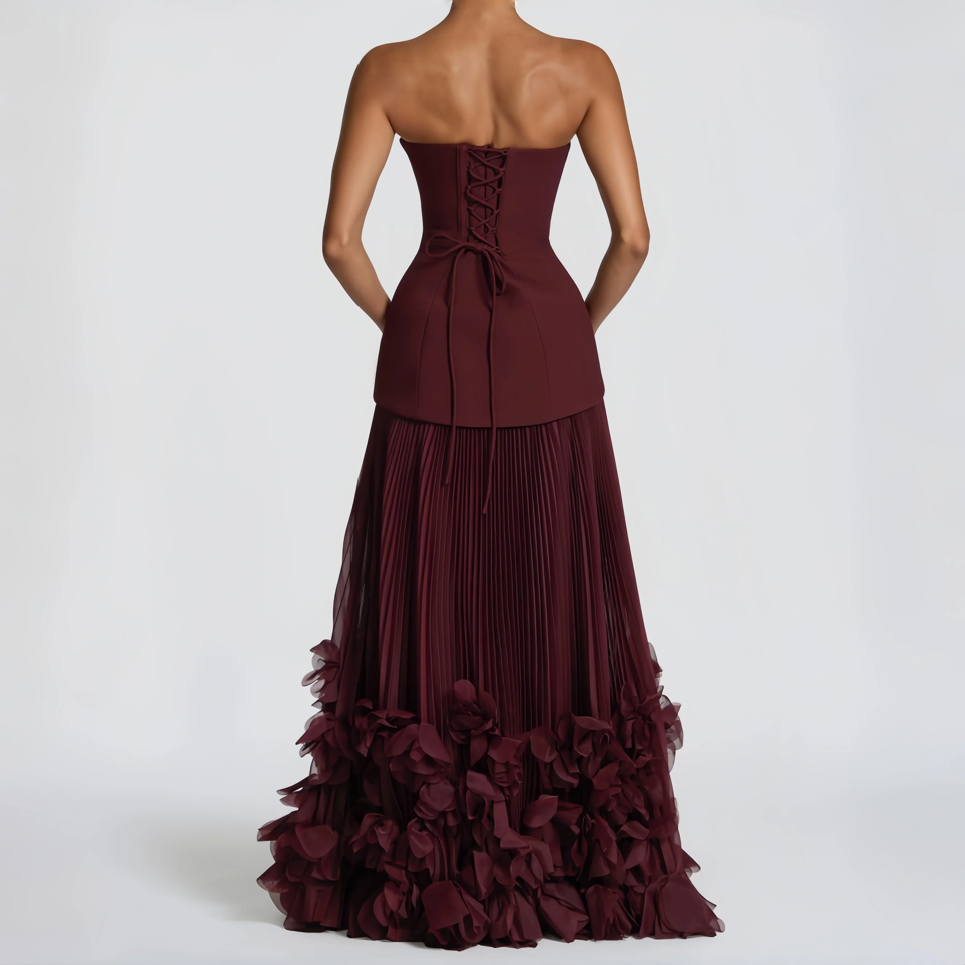 Danni Custom Burgundy Strapless Evening Dress Corset Pleated Prom Dresses Chiffon Vestidos De Noche Formal Evening