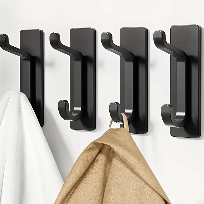 Self Adhesive Wall Hooks, Heavy Duty Double Prong Towel Hooks, No Drill Waterproof Adhesive Coat Hooks for Bathroom