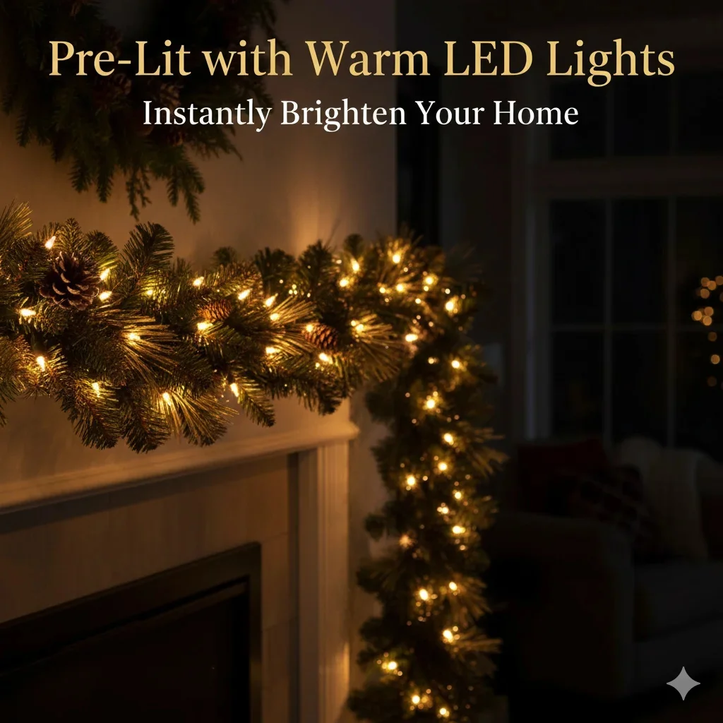 

9FT LED Christmas Garland Artificial Pine Branches With Red Berries Pinecones Battery Powered For Indoor Outdoor Holiday Decor