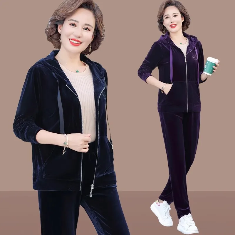 Women Gold Velvet Tracksuits Sets Casual Hooded Zipper Jacket And Pant 2 Piece Set Large Size Middle Aged Mother Fashion Outfit