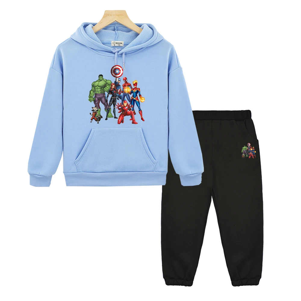 Marvel Autumn anime hoodie Fleece Sweatshirt Cartoon 2pcs pullover+Pant kid boutique clothes Superman boy girl Hooded Spors Sets