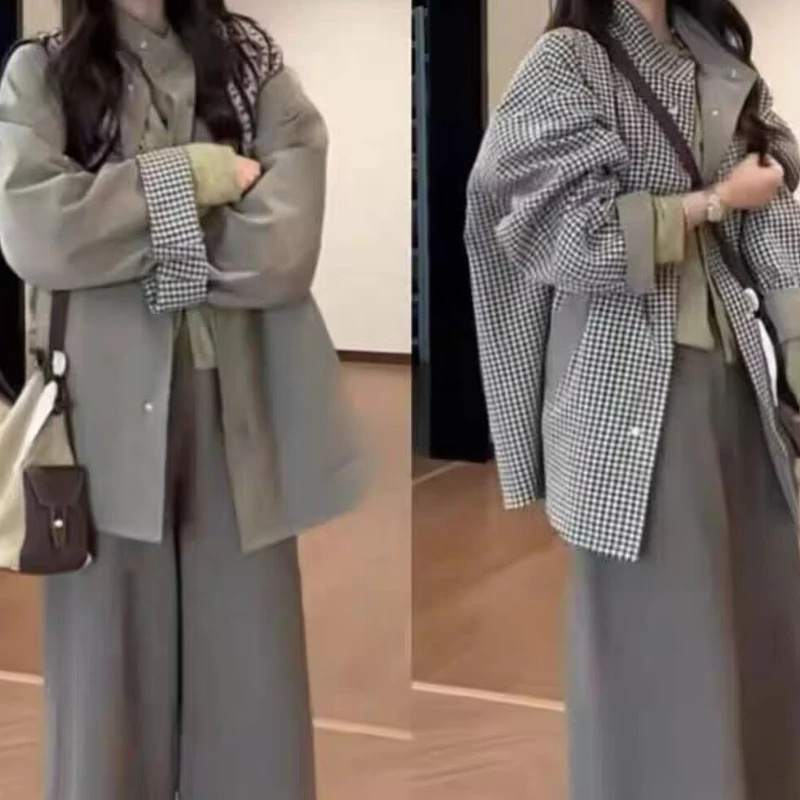 Stand Collar Reversible Plaid Patchwork Trench Coat for Women, Autumn/Winter Loose High-End Casual Coat