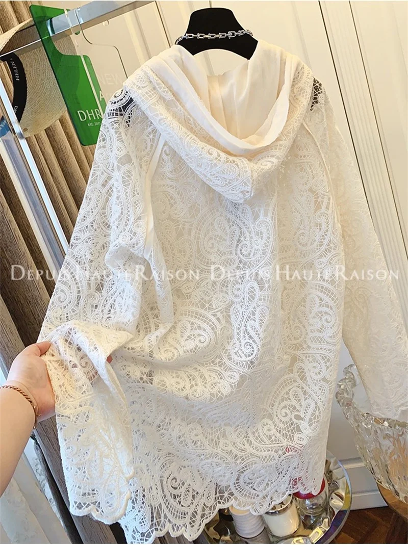 Veste Cardigan à capuche en dentelle au Crochet, Style vacances, tempérament français, haut ample mi-long pour femmes au printemps