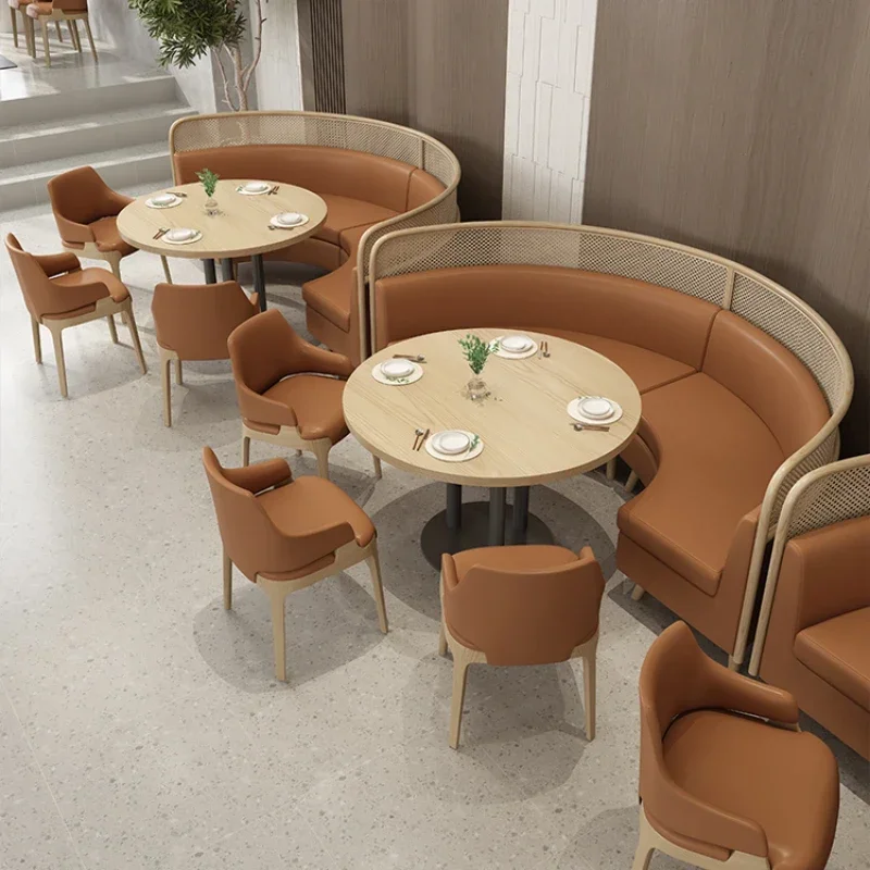 

Hot pot restaurant semi circular card seat sofa chain theme tea restaurant dining table and chair combination woven vine